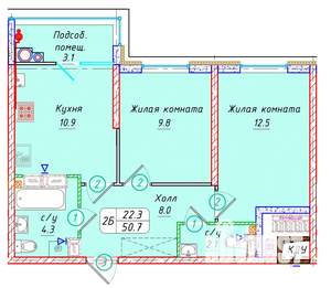 2-к квартира, вторичка, 51м2, 20/22 этаж