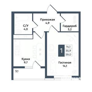 1-к квартира, вторичка, 39м2, 18/20 этаж
