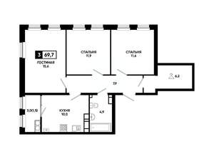 3-к квартира, вторичка, 70м2, 13/24 этаж