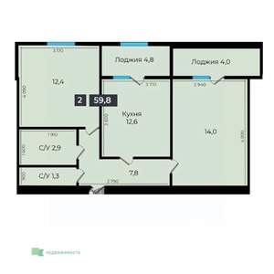 2-к квартира, вторичка, 60м2, 12/17 этаж