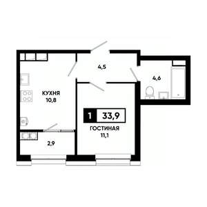 1-к квартира, вторичка, 34м2, 15/20 этаж