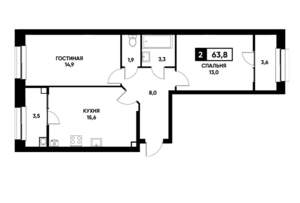 2-к квартира, вторичка, 64м2, 2/22 этаж