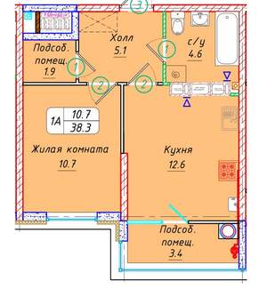 1-к квартира, вторичка, 38м2, 17/21 этаж