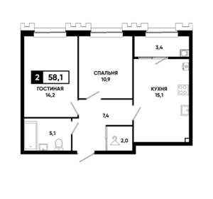 2-к квартира, вторичка, 58м2, 2/21 этаж