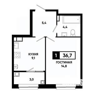 1-к квартира, строящийся дом, 37м2, 10/19 этаж