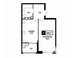 1-к квартира, вторичка, 44м2, 14/16 этаж