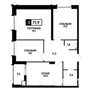 3-к квартира, сданный дом, 72м2, 21/24 этаж