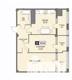 2-к квартира, строящийся дом, 67м2, 8/12 этаж