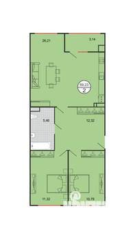 2-к квартира, строящийся дом, 69м2, 2/6 этаж