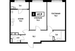 2-к квартира, вторичка, 62м2, 15/16 этаж