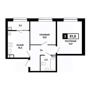 2-к квартира, вторичка, 51м2, 10/19 этаж