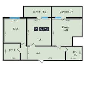 2-к квартира, строящийся дом, 59м2, 16/16 этаж