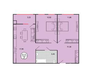 2-к квартира, вторичка, 62м2, 1/5 этаж