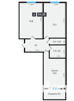 2-к квартира, вторичка, 54м2, 1/17 этаж