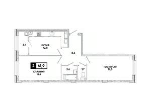 2-к квартира, вторичка, 62м2, 16/16 этаж
