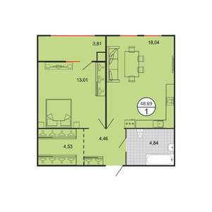 1-к квартира, строящийся дом, 49м2, 1/6 этаж