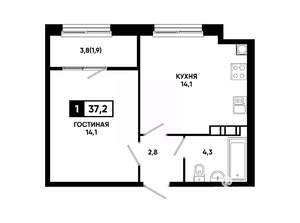 1-к квартира, вторичка, 37м2, 7/14 этаж