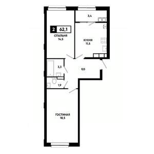 2-к квартира, вторичка, 62м2, 17/19 этаж