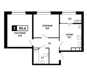 2-к квартира, вторичка, 51м2, 14/19 этаж