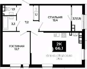 1-к квартира, вторичка, 66м2, 21/24 этаж
