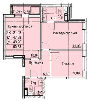 2-к квартира, строящийся дом, 51м2, 8/21 этаж