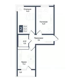 2-к квартира, вторичка, 56м2, 11/22 этаж