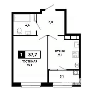 1-к квартира, строящийся дом, 38м2, 12/19 этаж