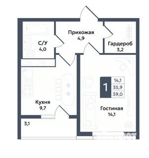 1-к квартира, вторичка, 39м2, 10/22 этаж