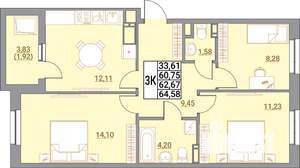 3-к квартира, вторичка, 65м2, 2/21 этаж