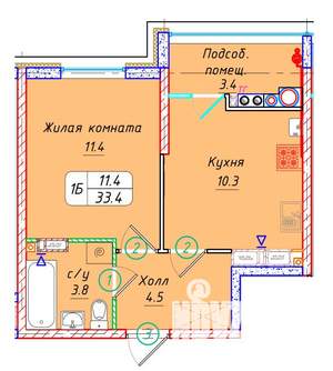 1-к квартира, вторичка, 33м2, 21/22 этаж