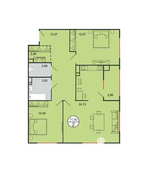 2-к квартира, вторичка, 71м2, 2/6 этаж