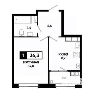 1-к квартира, строящийся дом, 36м2, 18/19 этаж