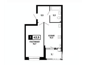 1-к квартира, вторичка, 44м2, 1/16 этаж