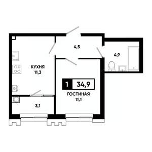 1-к квартира, вторичка, 35м2, 2/21 этаж