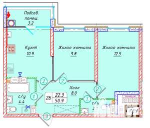 2-к квартира, вторичка, 51м2, 13/22 этаж