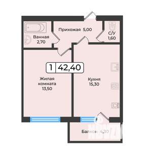 1-к квартира, вторичка, 42м2, 4/5 этаж