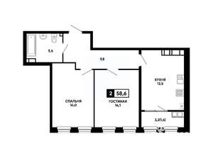 2-к квартира, вторичка, 59м2, 23/24 этаж