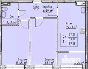 2-к квартира, строящийся дом, 57м2, 12/19 этаж