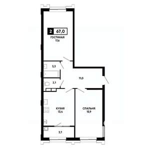 2-к квартира, вторичка, 67м2, 5/21 этаж