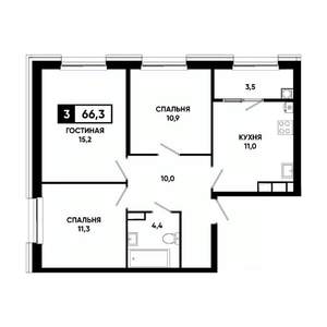 3-к квартира, вторичка, 66м2, 13/16 этаж