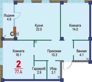 2-к квартира, строящийся дом, 77м2, 3/16 этаж
