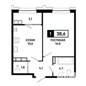 1-к квартира, строящийся дом, 39м2, 18/21 этаж