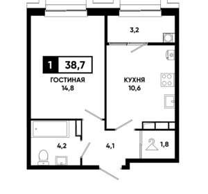 1-к квартира, строящийся дом, 39м2, 12/21 этаж
