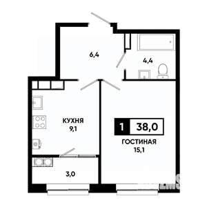 1-к квартира, вторичка, 38м2, 15/19 этаж