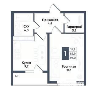 1-к квартира, вторичка, 39м2, 11/22 этаж