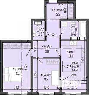2-к квартира, вторичка, 68м2, 7/24 этаж