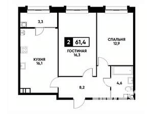 2-к квартира, вторичка, 61м2, 7/16 этаж