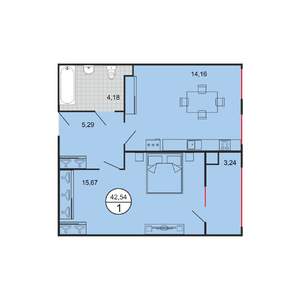 1-к квартира, строящийся дом, 43м2, 1/6 этаж