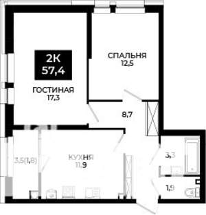 2-к квартира, вторичка, 57м2, 2/24 этаж