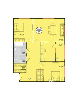 2-к квартира, вторичка, 71м2, 1/4 этаж